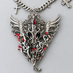Gothic Fallen Angel Wing Statement Necklace, Red Crystal Ornate Filigree Cross & Blood Detail Chunky Chain Necklace, Dark Punk Occult Gothic Layered Pendant