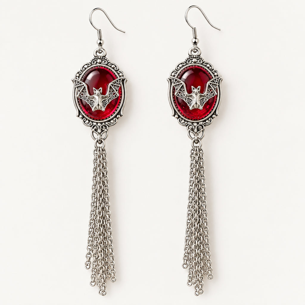 Gothic Red Gem Bat Tassel Drop Earrings, Vintage Cameo Frame Bat Dangle Earrings, Dark Punk Vampire Long Chain Tassel Statement Earrings