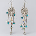 Gothic Cathedral Long Dangle Earrings, Vintage Filigree Church Frame with Teal Heart Crystals, Iridescent Beads & Star Charm Tassel Earrings, Dark Fantasy Statement Jewelry