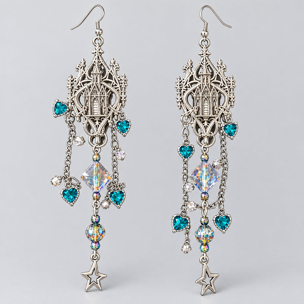 Gothic Cathedral Long Dangle Earrings, Vintage Filigree Church Frame with Teal Heart Crystals, Iridescent Beads & Star Charm Tassel Earrings, Dark Fantasy Statement Jewelry