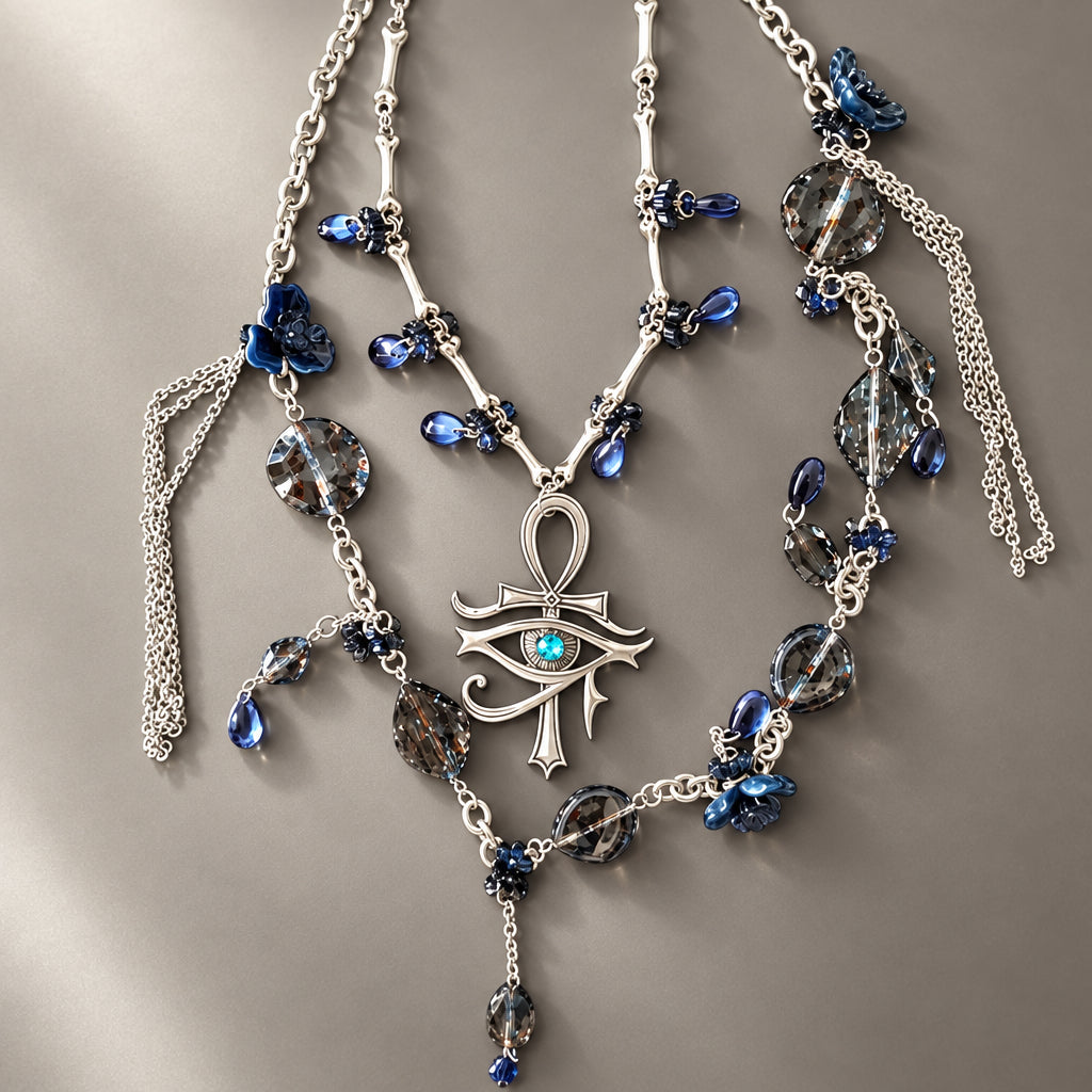 Egyptian Eye of Horus Ankh Multi Layer Statement Necklace, Dark Blue Crystal Beaded Tassel Necklace, Occult Ancient Egypt Gothic Layered Pendant Jewelry