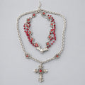Gothic Multi Layered Necklace, Bat & Ornate Cross Pendant with Red Crystal Beads, Antique Silver Stacked Chain, Dark Punk Vampire Statement Choker Necklace