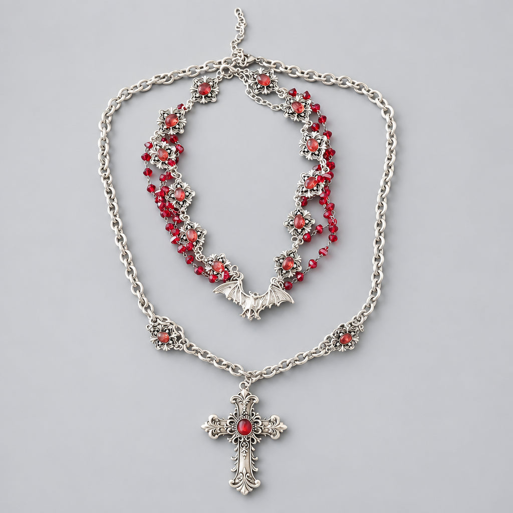 Gothic Multi Layered Necklace, Bat & Ornate Cross Pendant with Red Crystal Beads, Antique Silver Stacked Chain, Dark Punk Vampire Statement Choker Necklace