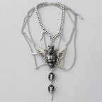 Gothic Black Skull & Black Cat Winged Multi Layer Statement Necklace, Blue Eyed Skull Pendant with Feather Charms, Dark Punk Occult Chunky Chain Gothic Necklace