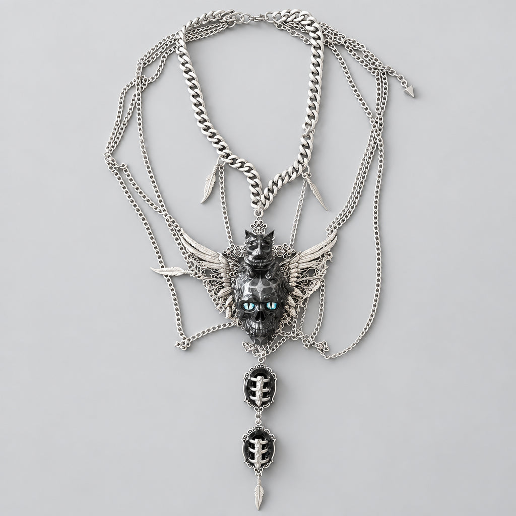 Gothic Black Skull & Black Cat Winged Multi Layer Statement Necklace, Blue Eyed Skull Pendant with Feather Charms, Dark Punk Occult Chunky Chain Gothic Necklace
