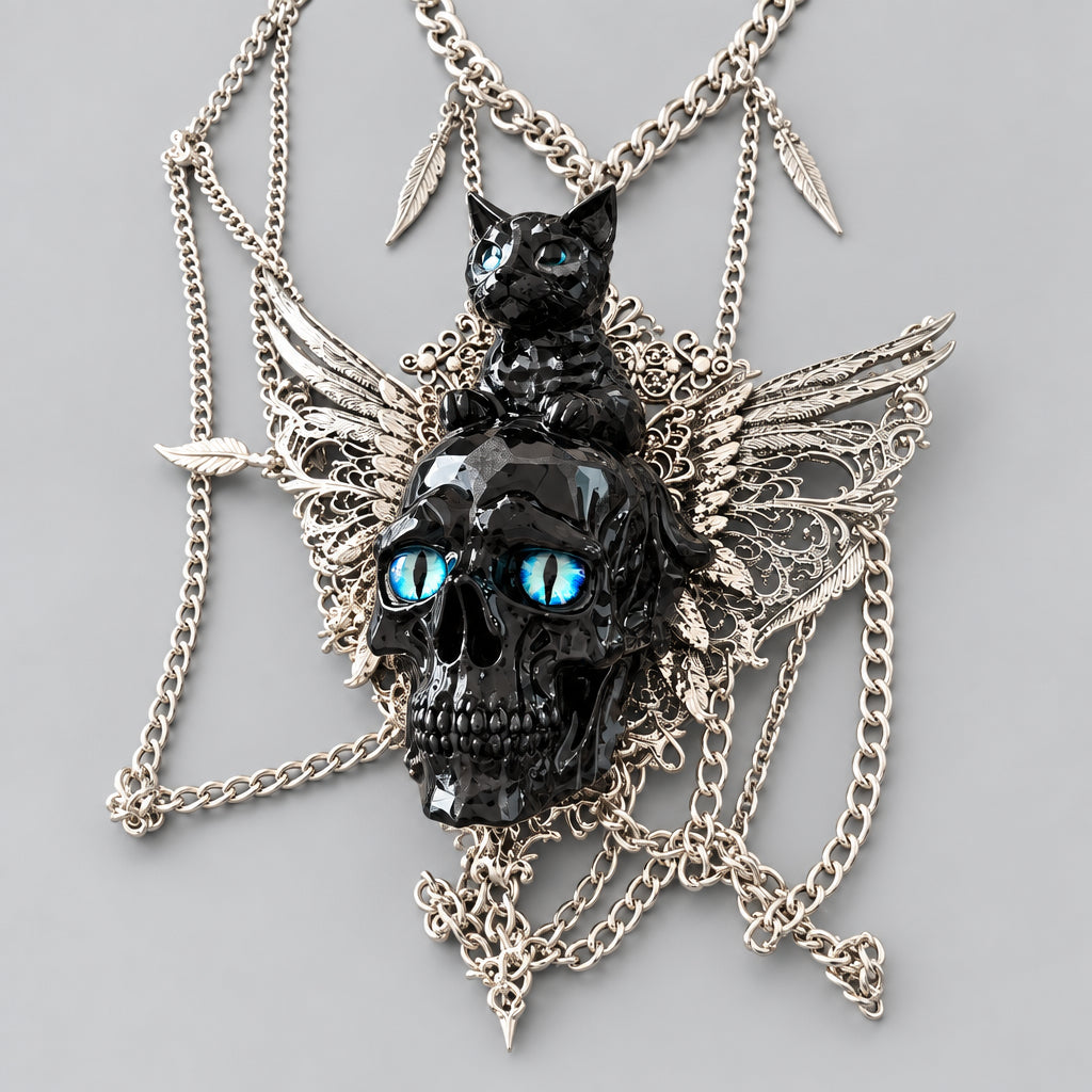 Gothic Black Skull & Black Cat Winged Multi Layer Statement Necklace, Blue Eyed Skull Pendant with Feather Charms, Dark Punk Occult Chunky Chain Gothic Necklace