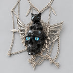 Gothic Black Skull & Black Cat Winged Multi Layer Statement Necklace, Blue Eyed Skull Pendant with Feather Charms, Dark Punk Occult Chunky Chain Gothic Necklace