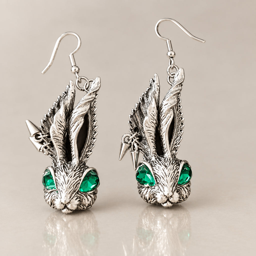 Gothic White Rabbit Dangle Earrings, Vintage Antique Silver Hare Head with Emerald Green Crystal Eyes, Punk Spike Charm Wonderland Dark Fantasy Earrings