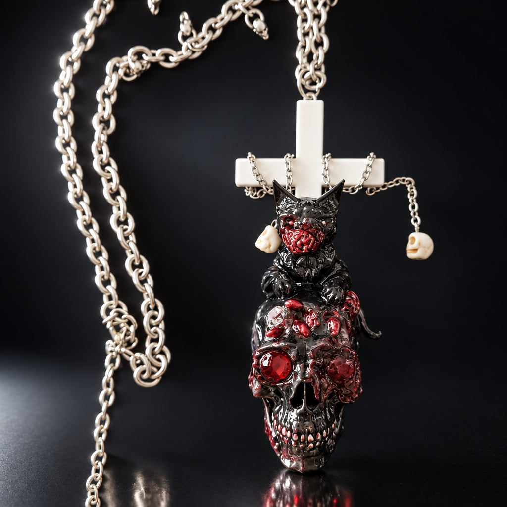 Gothic Bloody Skull Black Cat Statement Necklace, White Cross & Mini Skull Charms, Red Gem Eye Dark Horror Punk Chunky Chain Pendant Jewelry
