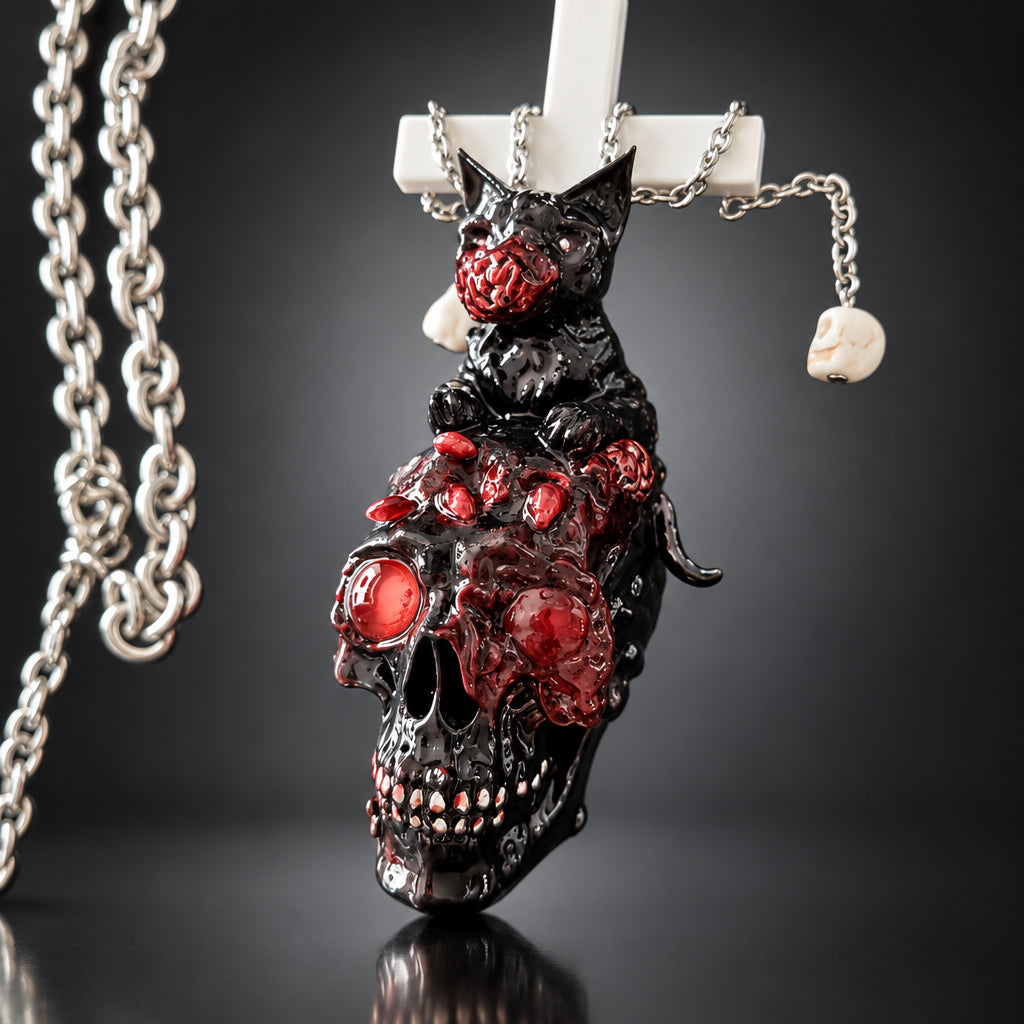 Gothic Bloody Skull Black Cat Statement Necklace, White Cross & Mini Skull Charms, Red Gem Eye Dark Horror Punk Chunky Chain Pendant Jewelry