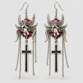 Gothic Praying Cherub Angel Dangle Earrings, Red Inlay Winged Cupid with Black Cross Pendant & Chain Tassels, Dark Punk Religious Statement Drop Earrings