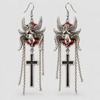 Gothic Praying Cherub Angel Dangle Earrings, Red Inlay Winged Cupid with Black Cross Pendant & Chain Tassels, Dark Punk Religious Statement Drop Earrings