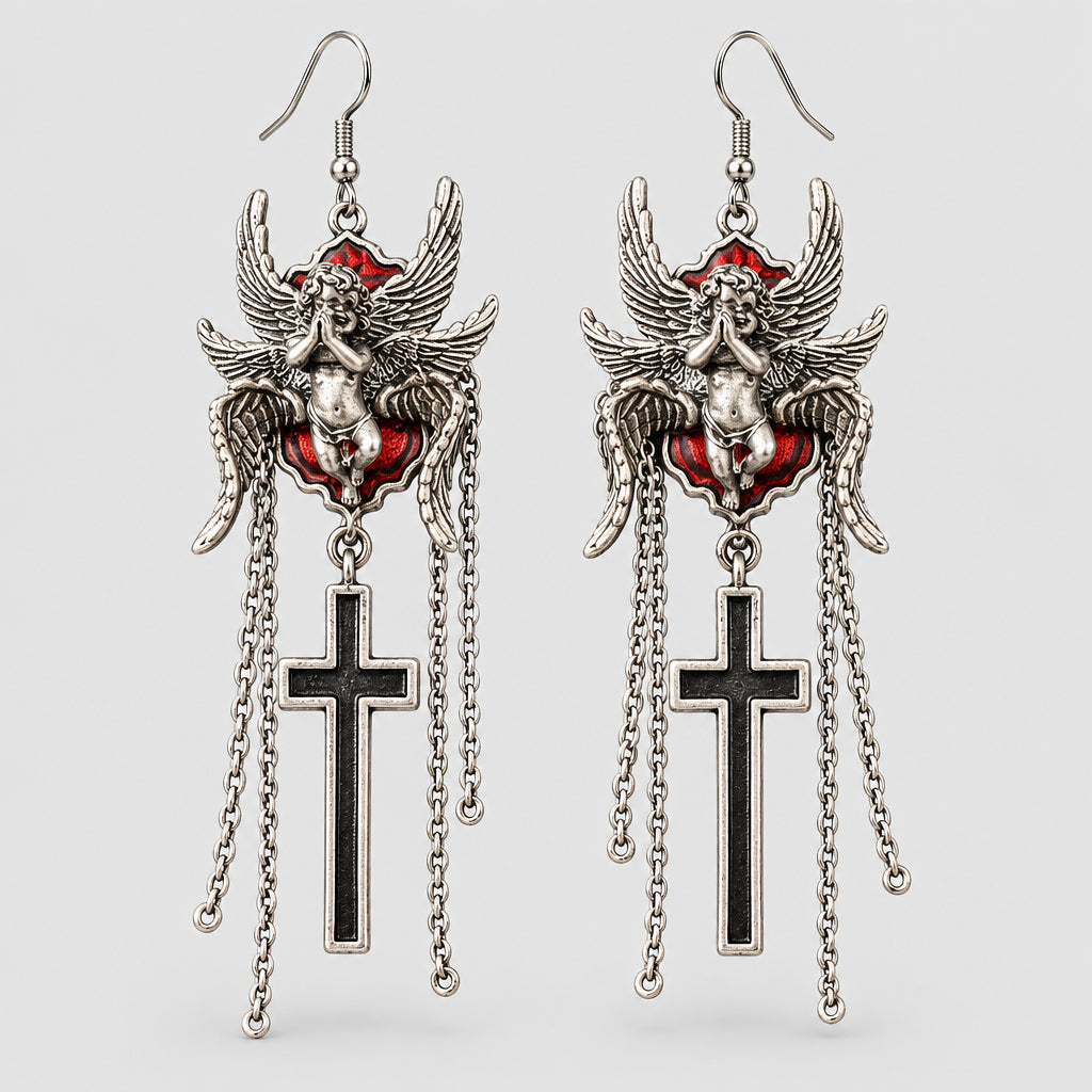 Gothic Praying Cherub Angel Dangle Earrings, Red Inlay Winged Cupid with Black Cross Pendant & Chain Tassels, Dark Punk Religious Statement Drop Earrings