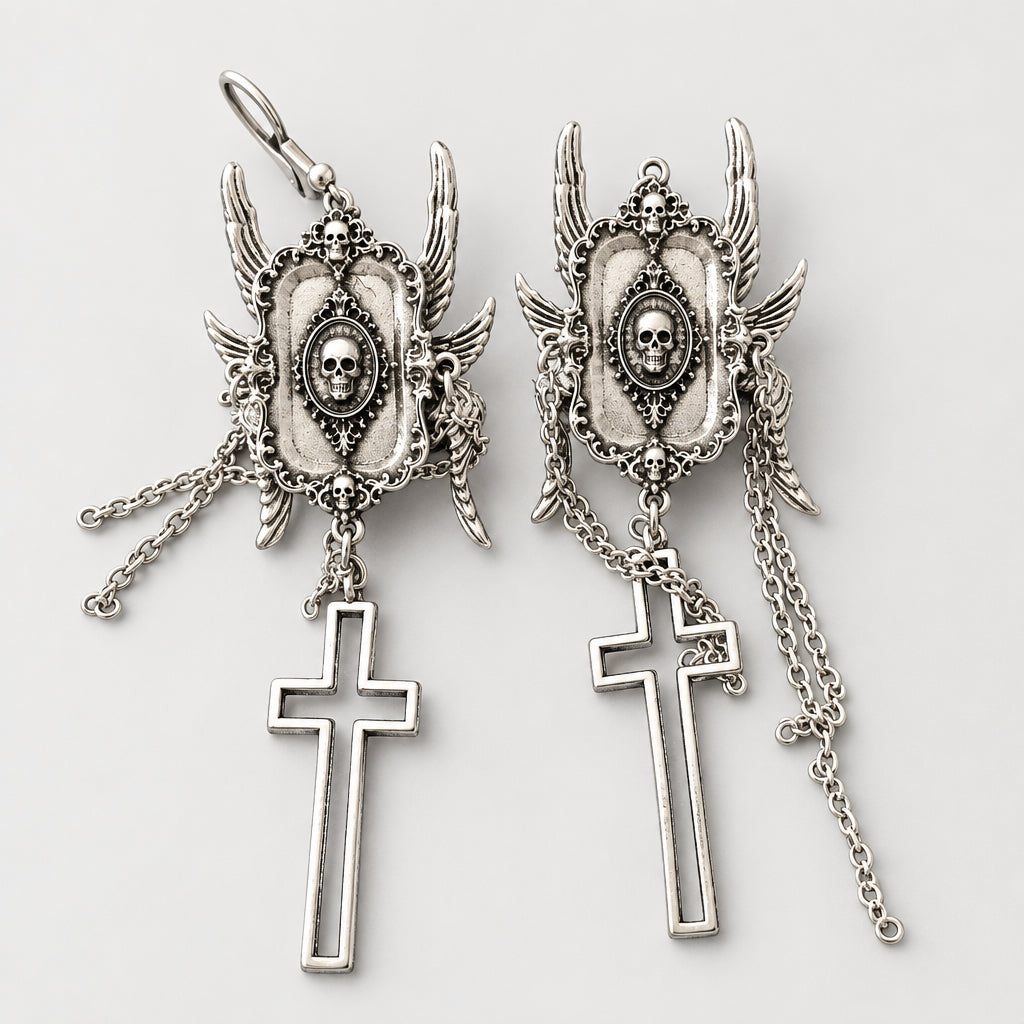 Gothic Praying Cherub Angel Dangle Earrings, Red Inlay Winged Cupid with Black Cross Pendant & Chain Tassels, Dark Punk Religious Statement Drop Earrings