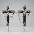 Gothic Inverted Cross Dangle Earrings, Conjoined Twin Figure, Ornate Mask Details, Spikes & Hanging Metal Chains, Dark Punk Occult Statement Drop Earrings