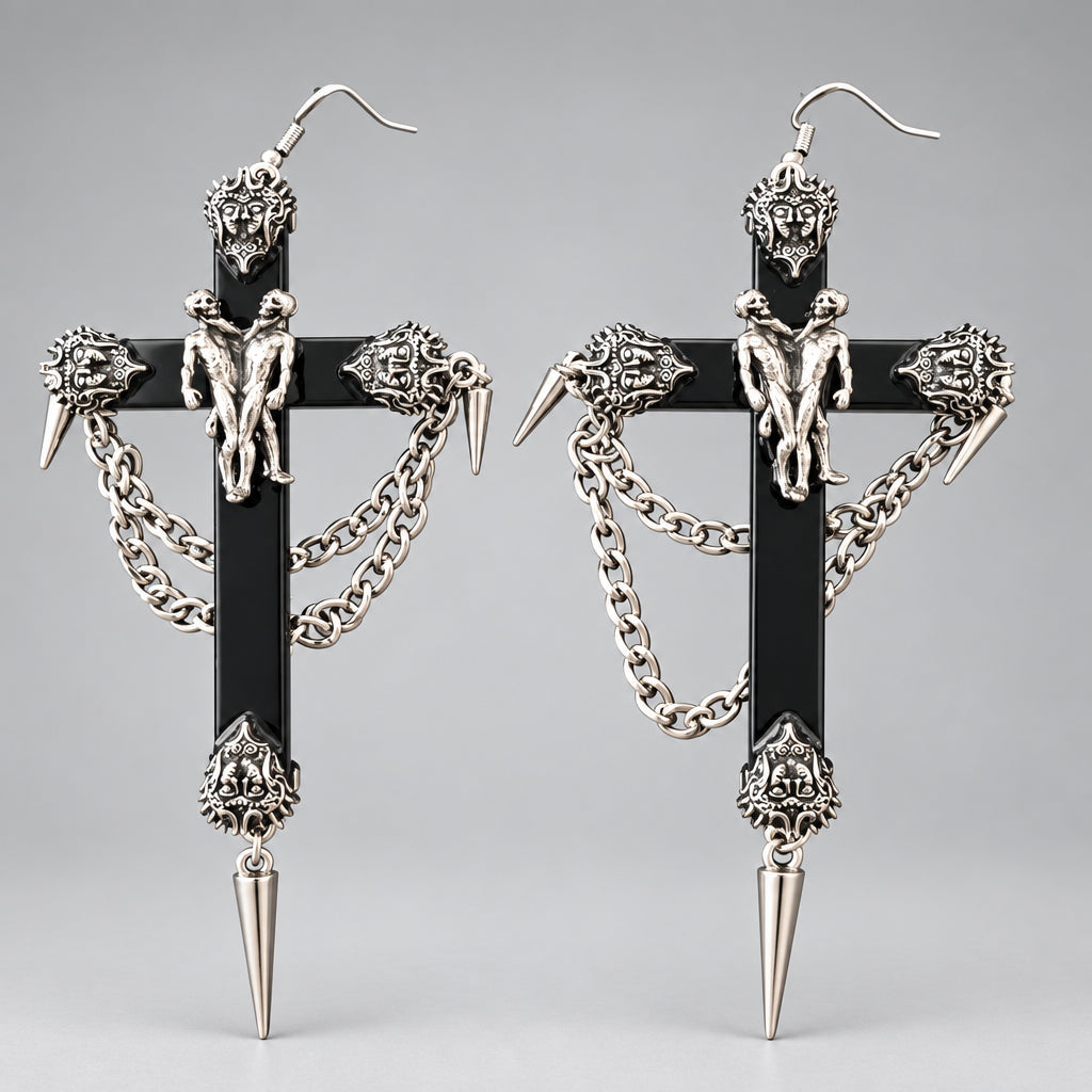 Gothic Inverted Cross Dangle Earrings, Conjoined Twin Figure, Ornate Mask Details, Spikes & Hanging Metal Chains, Dark Punk Occult Statement Drop Earrings