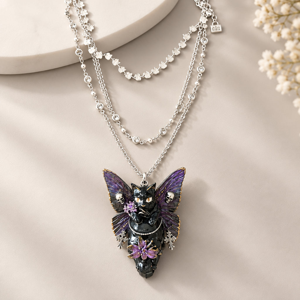 Gothic Black Cat Purple Butterfly Wing Skull Statement Necklace, Floral & Mini Skull Cross Charms, Dark Fantasy Witchy Multi Layer Pendant Necklace
