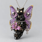 Gothic Black Cat Purple Butterfly Wing Skull Statement Necklace, Floral & Mini Skull Cross Charms, Dark Fantasy Witchy Multi Layer Pendant Necklace