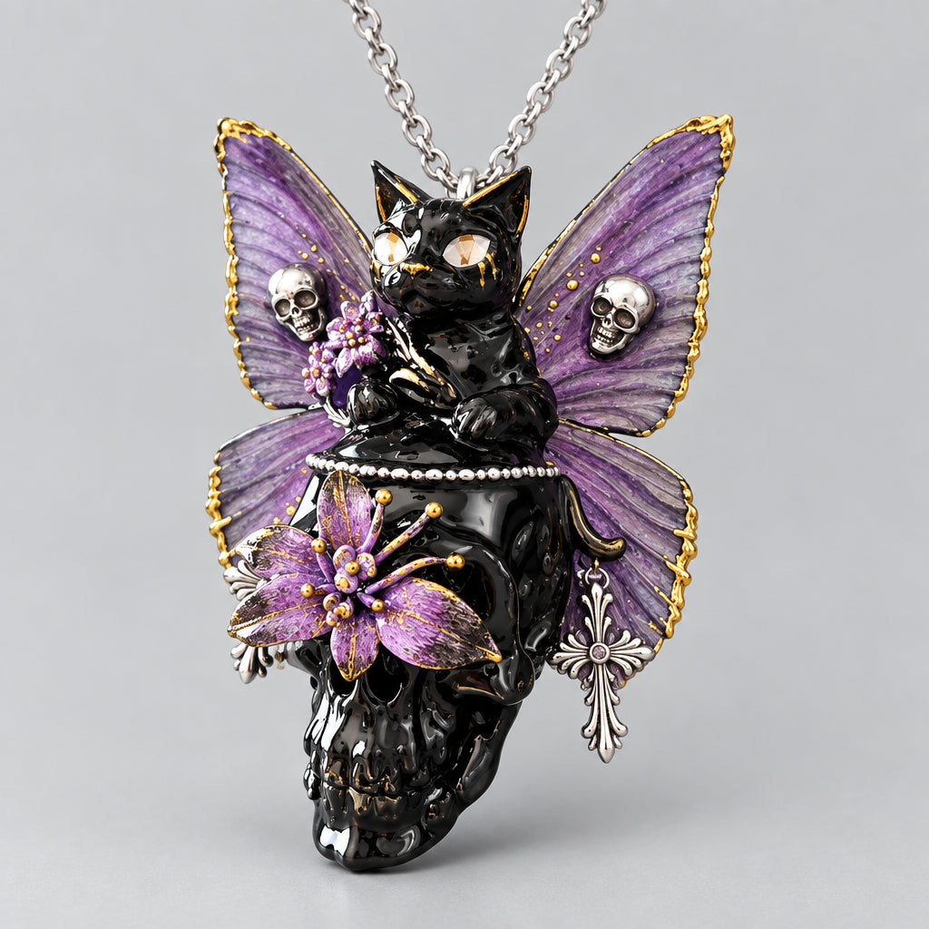 Gothic Black Cat Purple Butterfly Wing Skull Statement Necklace, Floral & Mini Skull Cross Charms, Dark Fantasy Witchy Multi Layer Pendant Necklace