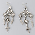 Gothic All Seeing Eye Bone Frame Dangle Earrings, Crystal Floral Ornaments, Feather & Cross Charms, Witchy Occult Antique Silver Statement Drop Earrings