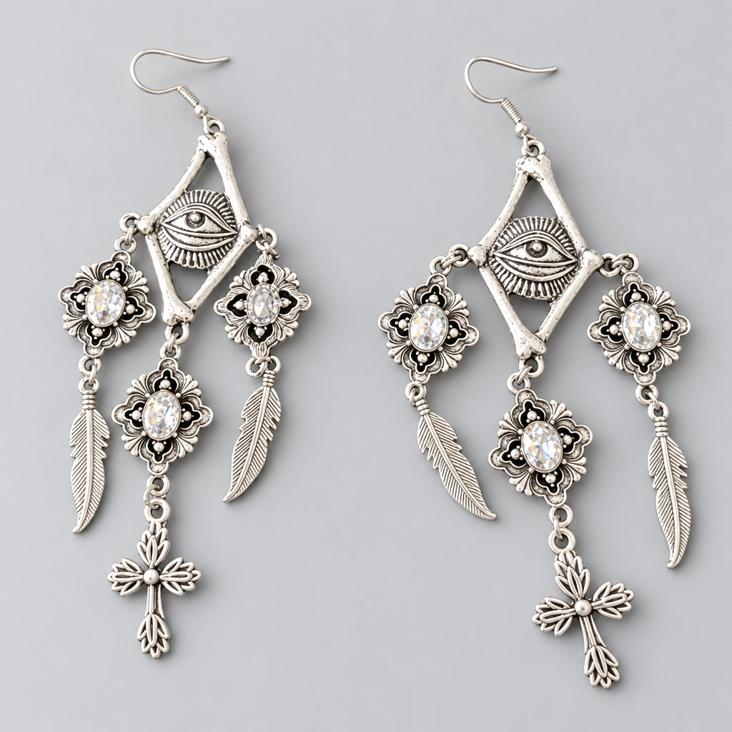 Gothic All Seeing Eye Bone Frame Dangle Earrings, Crystal Floral Ornaments, Feather & Cross Charms, Witchy Occult Antique Silver Statement Drop Earrings