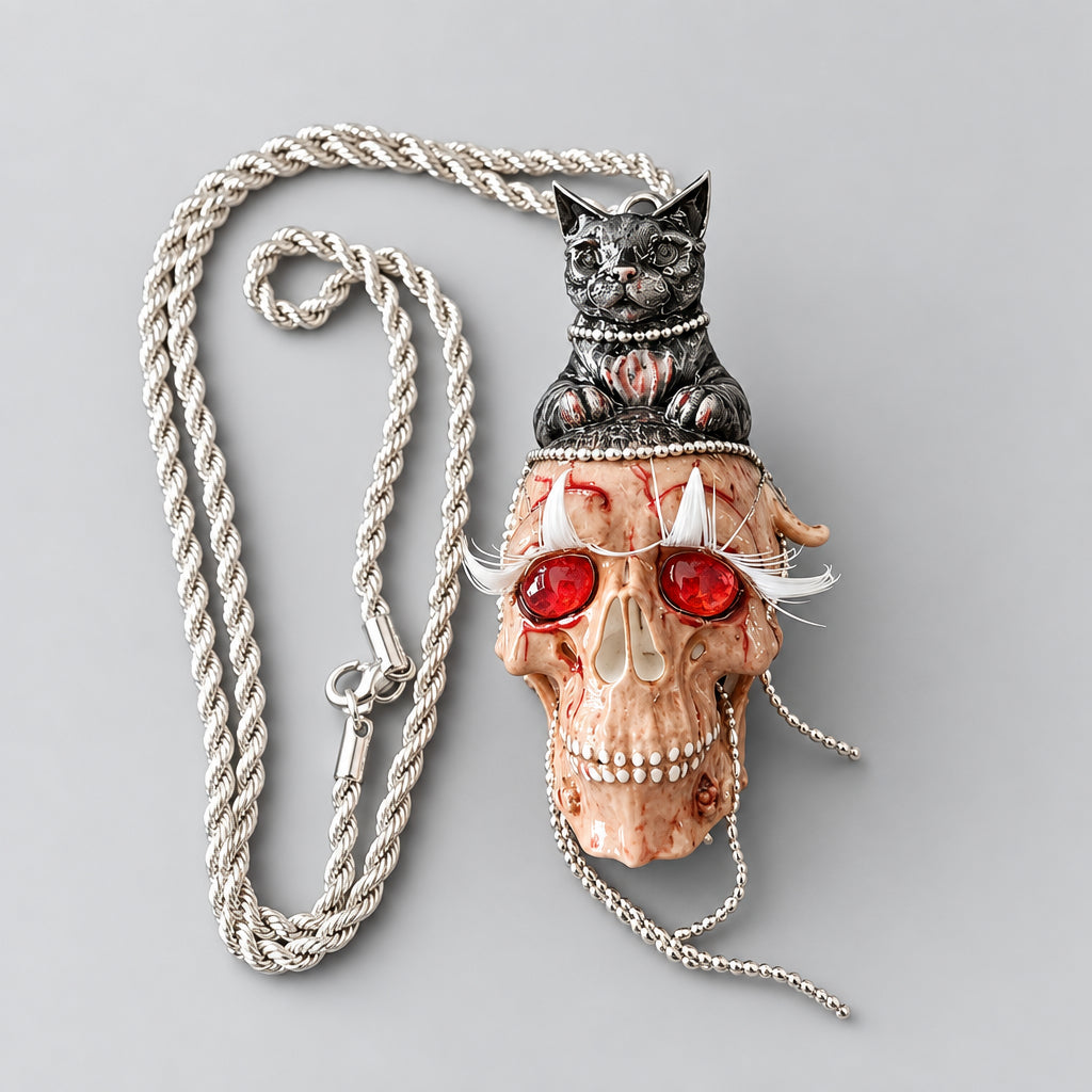 Gothic Red Eyed Human Skull Pendant Necklace with Black Cat on Top, Bloody Texture, Bead Tassels, Dark Horror Witchy Twisted Rope Chain Statement Necklace