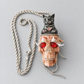 Gothic Red Eyed Human Skull Pendant Necklace with Black Cat on Top, Bloody Texture, Bead Tassels, Dark Horror Witchy Twisted Rope Chain Statement Necklace