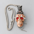 Gothic Red Eyed Human Skull Pendant Necklace with Black Cat on Top, Bloody Texture, Bead Tassels, Dark Horror Witchy Twisted Rope Chain Statement Necklace