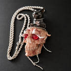 Gothic Red Eyed Human Skull Pendant Necklace with Black Cat on Top, Bloody Texture, Bead Tassels, Dark Horror Witchy Twisted Rope Chain Statement Necklace