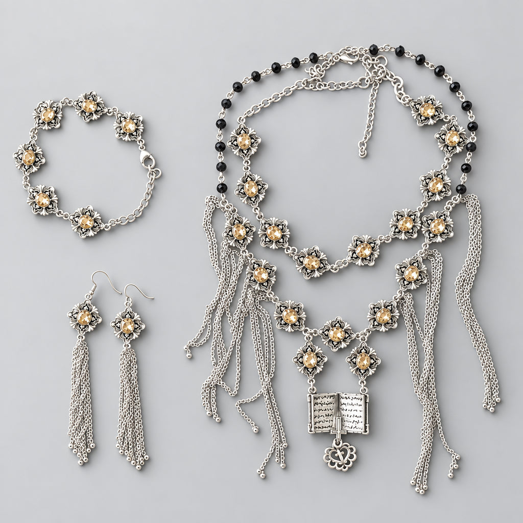 Gothic Antique Jewelry Set, Open Book Pendant Necklace, Tassel Earrings & Floral Crystal Bracelet, Black Beads Vintage Witchy Statement Jewelry Set