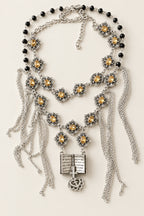 Gothic Antique Jewelry Set, Open Book Pendant Necklace, Tassel Earrings & Floral Crystal Bracelet, Black Beads Vintage Witchy Statement Jewelry Set