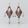 Gothic Red Enamel Diamond Skull Dangle Earrings, Antique Silver Ornate Scrollwork with Hanging Mini Skull Charms, Dark Punk Horror Statement Drop Earrings