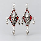 Gothic Red Enamel Diamond Skull Dangle Earrings, Antique Silver Ornate Scrollwork with Hanging Mini Skull Charms, Dark Punk Horror Statement Drop Earrings