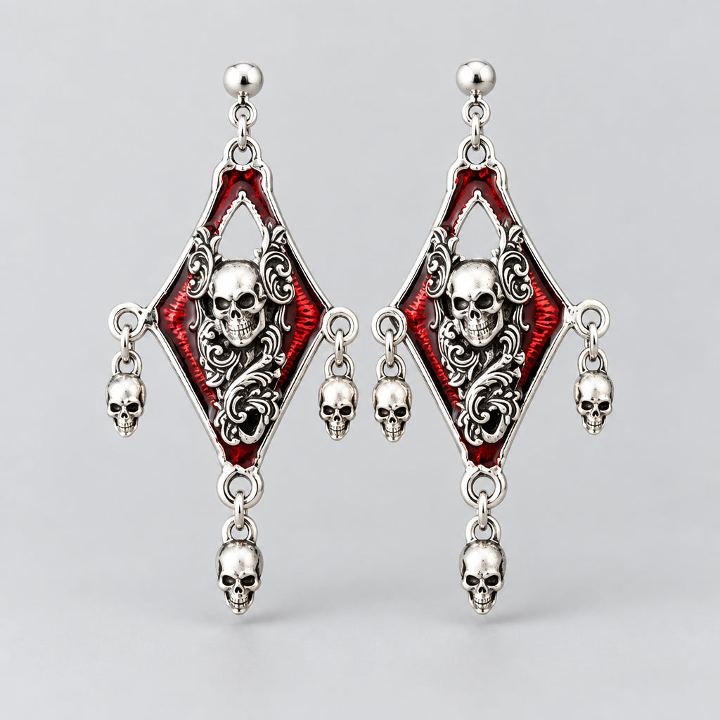 Gothic Red Enamel Diamond Skull Dangle Earrings, Antique Silver Ornate Scrollwork with Hanging Mini Skull Charms, Dark Punk Horror Statement Drop Earrings