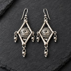 Gothic Red Enamel Diamond Skull Dangle Earrings, Antique Silver Ornate Scrollwork with Hanging Mini Skull Charms, Dark Punk Horror Statement Drop Earrings