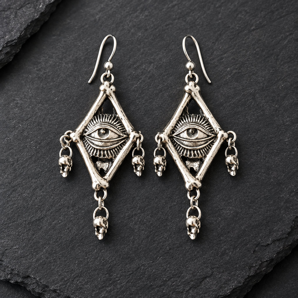 Gothic Red Enamel Diamond Skull Dangle Earrings, Antique Silver Ornate Scrollwork with Hanging Mini Skull Charms, Dark Punk Horror Statement Drop Earrings