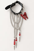 Gothic Black Leather Choker, Draped Multi Silver Chains, Red Butterfly Pendant, Red Crystal Beads & Spike Charms, Dark Punk Vampire Statement Collar