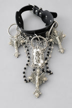 Gothic Black Leather Choker, Antique Silver Angel & Virgin Mary Medallion, White Rose Ornaments, Black Bead Multi Chains, Dark Religious Vintage Statement Collar