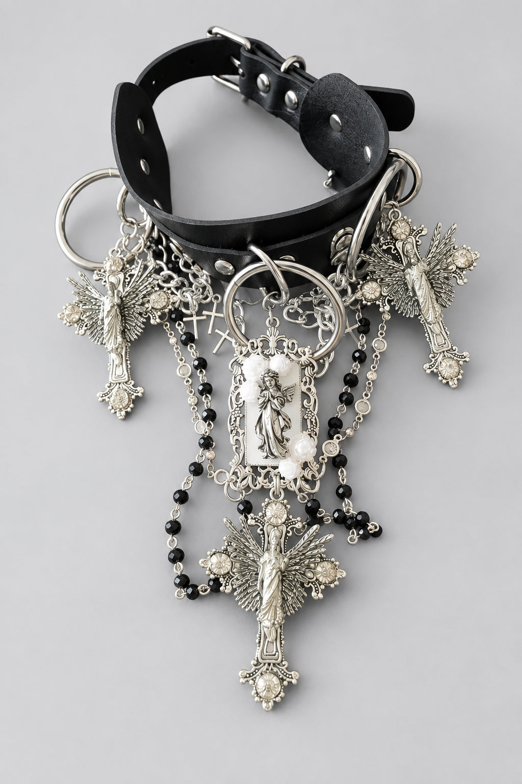 Gothic Black Leather Choker, Antique Silver Angel & Virgin Mary Medallion, White Rose Ornaments, Black Bead Multi Chains, Dark Religious Vintage Statement Collar