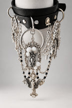 Gothic Black Leather Choker, Antique Silver Angel & Virgin Mary Medallion, White Rose Ornaments, Black Bead Multi Chains, Dark Religious Vintage Statement Collar