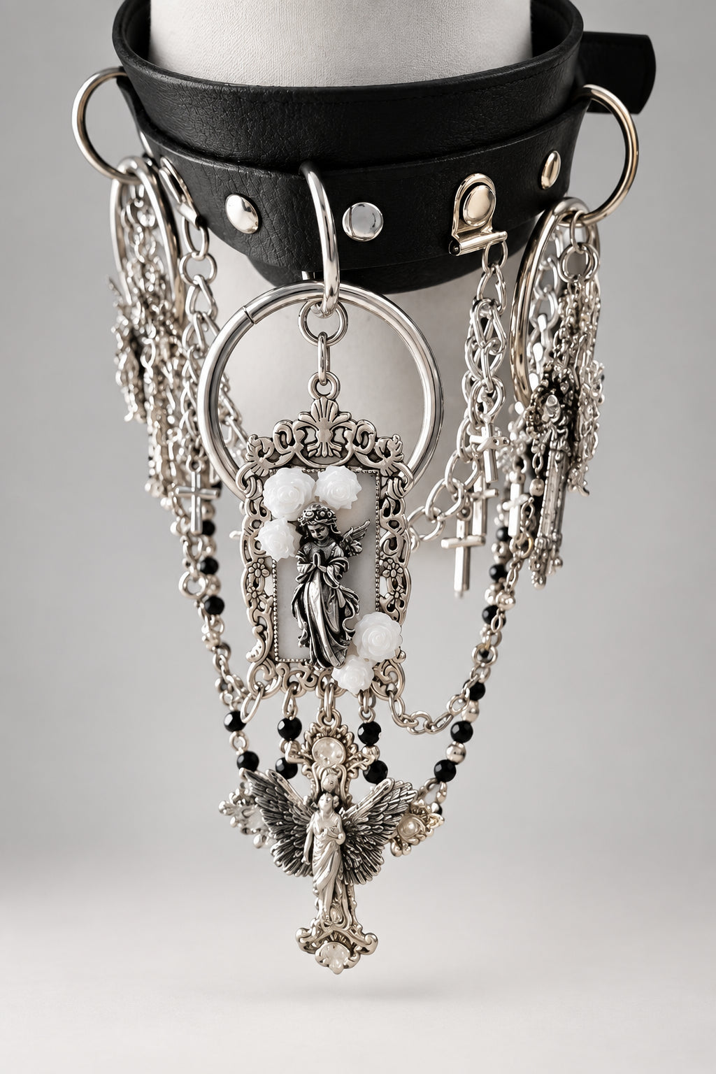 Gothic Black Leather Choker, Antique Silver Angel & Virgin Mary Medallion, White Rose Ornaments, Black Bead Multi Chains, Dark Religious Vintage Statement Collar