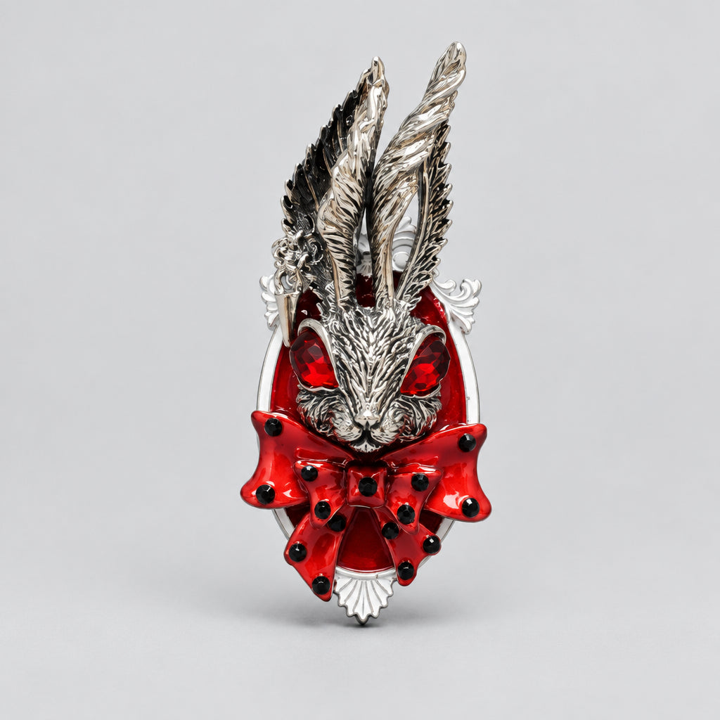 Gothic Dark Rabbit Ring, Red Gem Eyes, Red Bow with Black Crystals, Antique Silver Ornate Frame