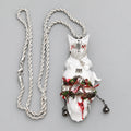 Gothic Dark White Cat Skull Pendant Necklace, Bloody Texture, Oriental Talisman Charms, Metal Bell Details, Macabre Horror Statement Necklace