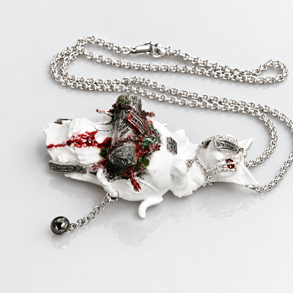 Gothic Dark White Cat Skull Pendant Necklace, Bloody Texture, Oriental Talisman Charms, Metal Bell Details, Macabre Horror Statement Necklace