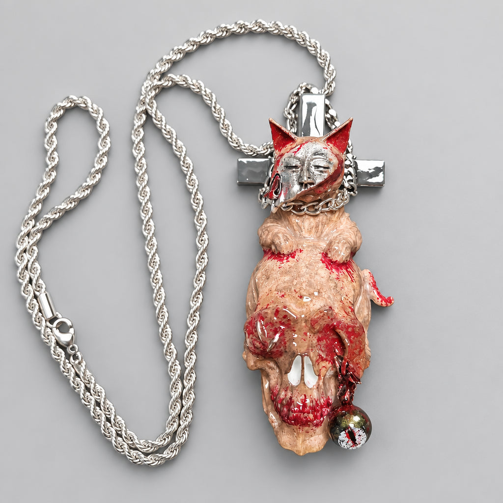 Gothic Cat Skull Pendant Necklace, Cross Backplate, Bloody Texture, Demon Eye Bell Charm, Macabre Horror Statement Necklace