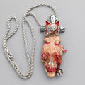 Gothic Cat Skull Pendant Necklace, Cross Backplate, Bloody Texture, Demon Eye Bell Charm, Macabre Horror Statement Necklace