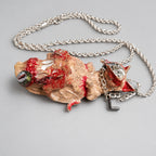Gothic Cat Skull Pendant Necklace, Cross Backplate, Bloody Texture, Demon Eye Bell Charm, Macabre Horror Statement Necklace