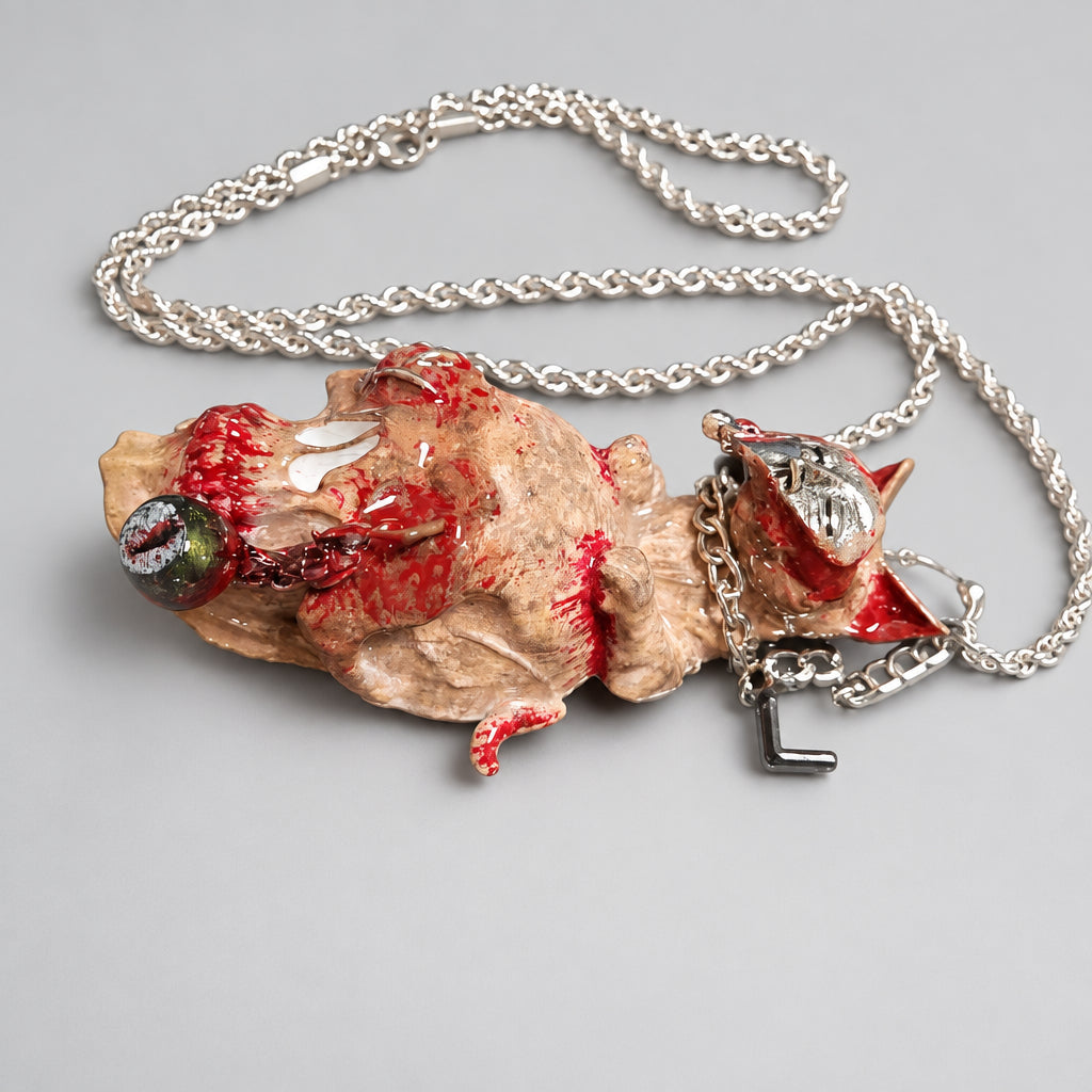 Gothic Cat Skull Pendant Necklace, Cross Backplate, Bloody Texture, Demon Eye Bell Charm, Macabre Horror Statement Necklace