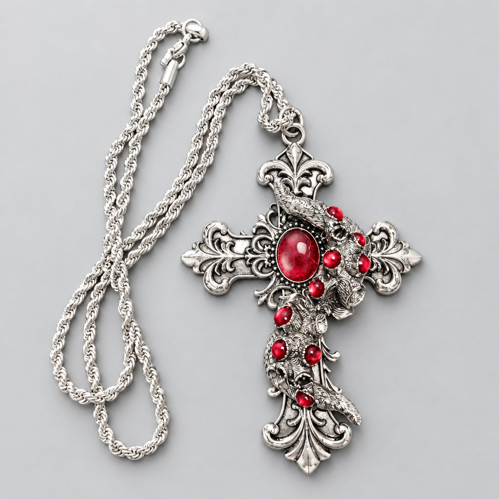 Gothic Antique Silver Cross Pendant Necklace, Baphomet Horned Demon Carving, Red Gemstones, Ornate Baroque Details, Occult Dark Statement Necklace