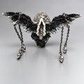 Gothic Horned Double Band Statement Ring, Feather Texture, White Crystal Ornament, Dangle Chain & Bead Details, Dark Occult Adjustable Ring